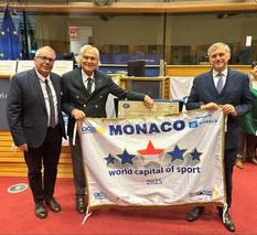 Monaco Capitale Mondiale du Sport 2025 - De gauche à droite: M. Robert De Vita, Président ACES France, M. Gian Lupattelli, Président et Fondateur de ACES et S.E. M. Frédéric LABARRERE, Ambassadeur de Monaco en Belgique © DR